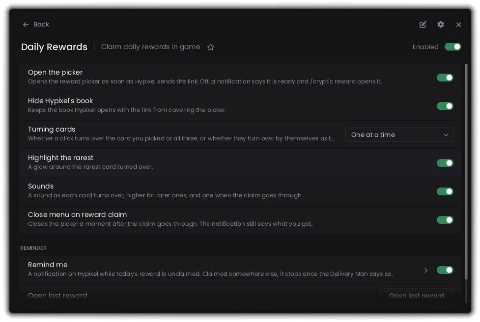 Cryptic's settings page for Daily Rewards